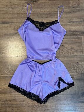 VNTG 90s Petra Fashions Purple Lace Cami Lingerie Sleep Set Made in the USA
